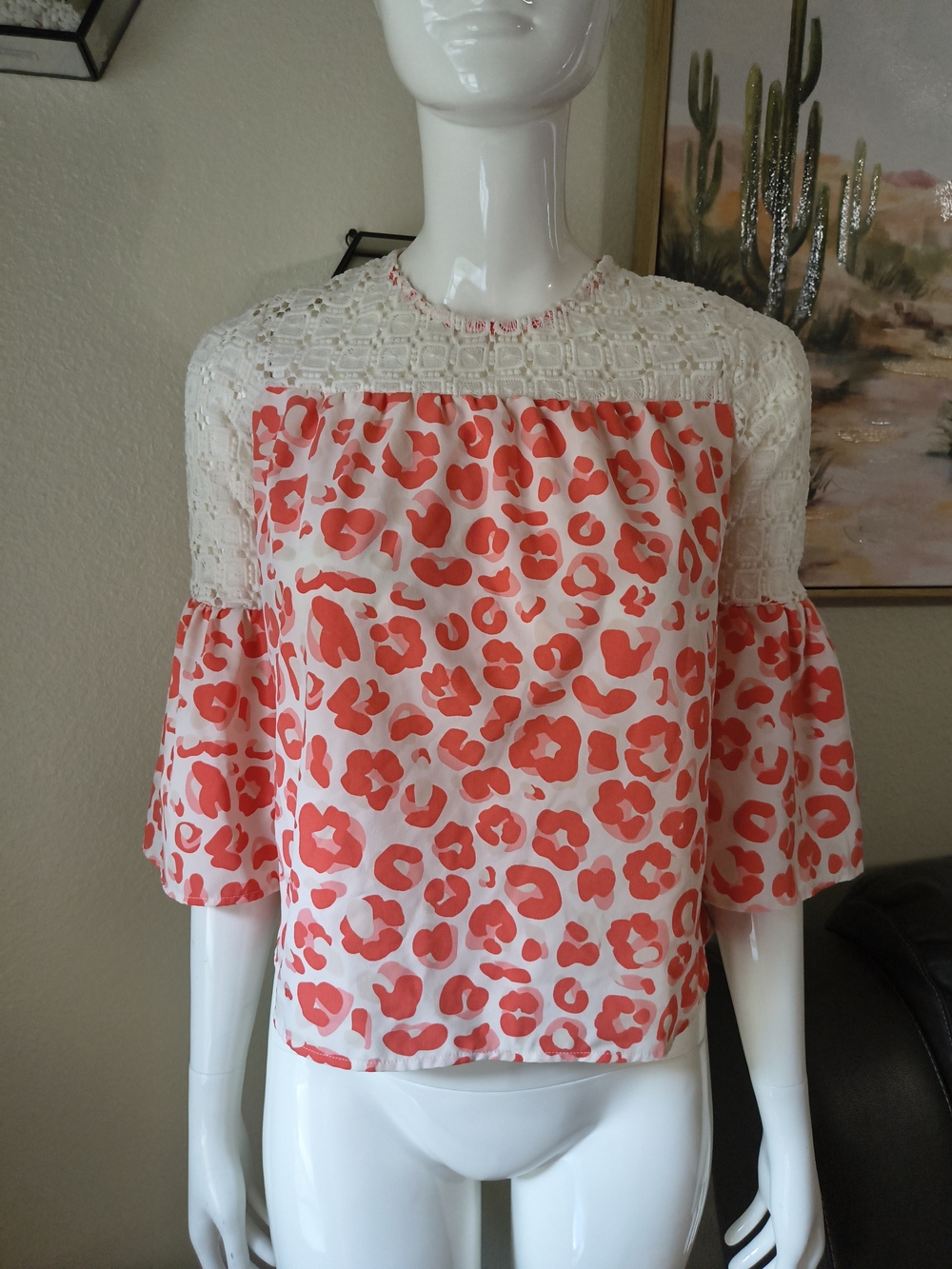 Coral Leopard Lace Yoke Bell Sleeve Blouse